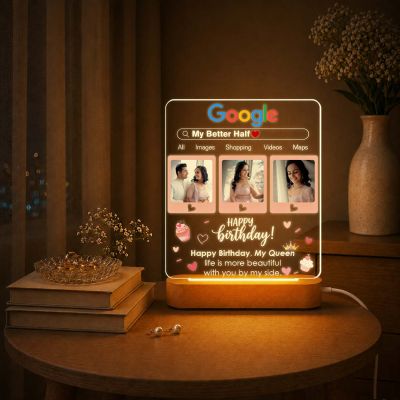 Personalized Google Page Theme Birthday Gift for Wife, Soulmate, Fiancée & Better Half – Warm Light Bedside Table Lamp with Wooden Stand Anniversary, Birthday & Valentine’s Day Gift